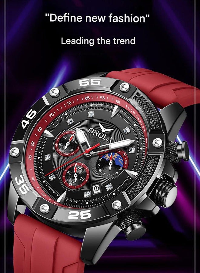 ONOLA ​​ONOLA Men's Stylish Black Red Multifunction Quartz Watch - Waterproof Silicone Strap, 30M Water Resistance, Fashion Casual Design, Ideal for Daily Wear, Sports & Social Events​​ - Image 2