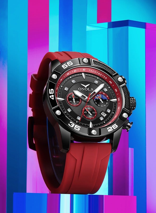 ONOLA ​​ONOLA Men's Stylish Black Red Multifunction Quartz Watch - Waterproof Silicone Strap, 30M Water Resistance, Fashion Casual Design, Ideal for Daily Wear, Sports & Social Events​​ - Image 4