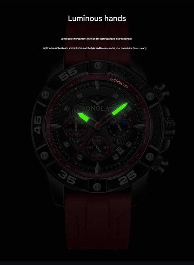 ONOLA ​​ONOLA Men's Stylish Black Red Multifunction Quartz Watch - Waterproof Silicone Strap, 30M Water Resistance, Fashion Casual Design, Ideal for Daily Wear, Sports & Social Events​​ - Image 5