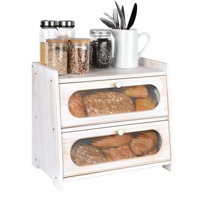 Ollieroo Vintage Double Layer Bread Box for Kitchen Countertop, Bamboo Bread Storage Container, Breadbox for Homemade Bread, Large Capacity Bread Bin(White)