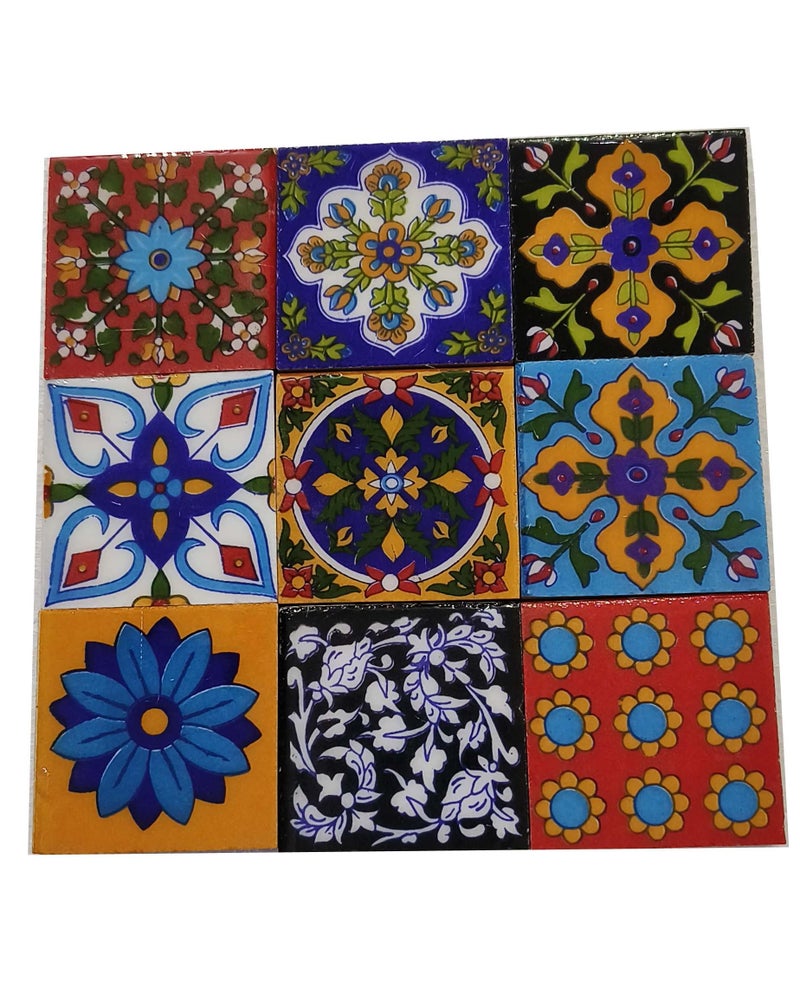 Shiv Kripa Blue Pottery Home Decorative Ceramic Wall Hanging Tile Design Flooring Tiles Floral Kitchen Washroom Mosaic Furniture Tile Handmade Backsplash 2 x 2 Inches (Pack of 9, Multicolor) - Image 1