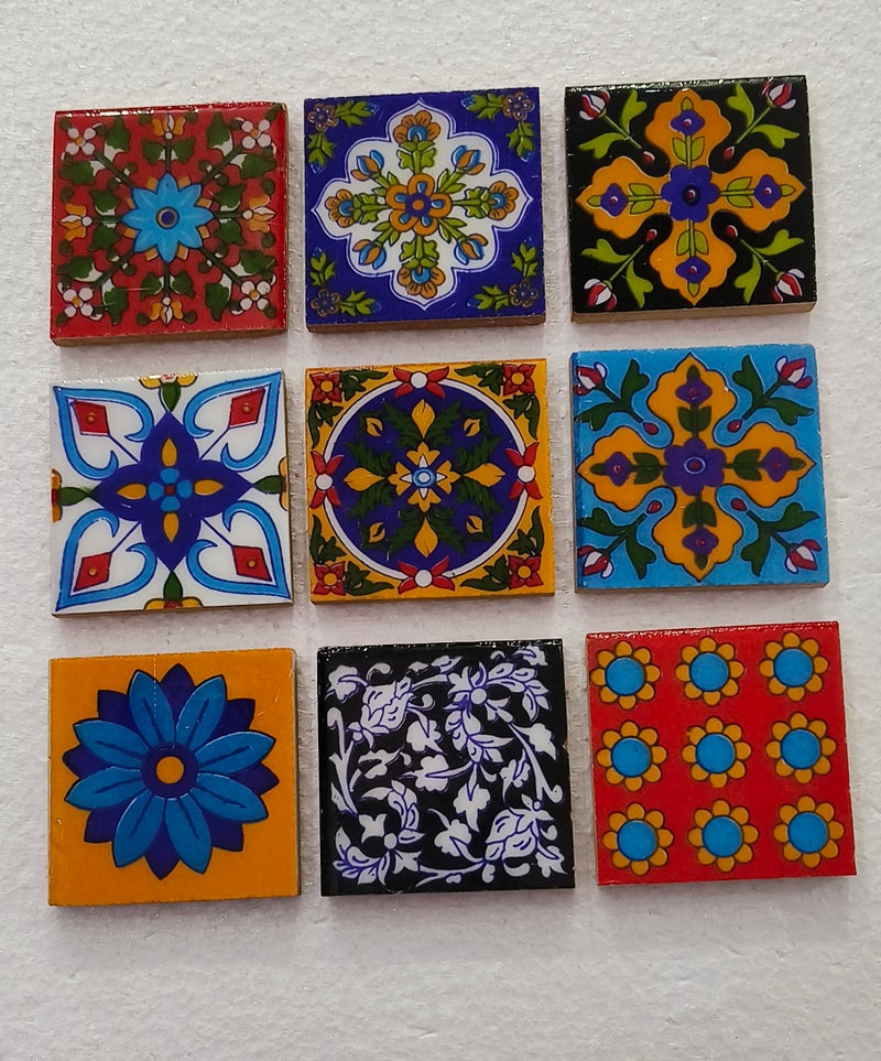 Shiv Kripa Blue Pottery Home Decorative Ceramic Wall Hanging Tile Design Flooring Tiles Floral Kitchen Washroom Mosaic Furniture Tile Handmade Backsplash 2 x 2 Inches (Pack of 9, Multicolor) - Image 2
