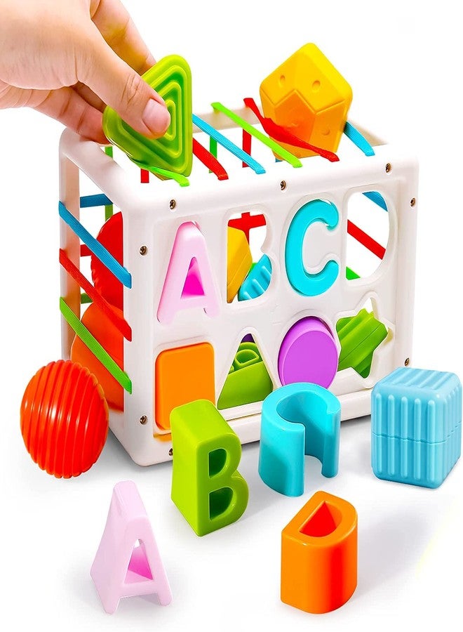 Lefan Baby Shape Sorting Toy Montessori Sensory Toys with Blocks Colorful Cube and Alphabets, Shape Sorting Toy with Elastic Bands Fine Motor Skill Toy, Preschool Learning Toys (RECTANGLE-14+1) - Image 1