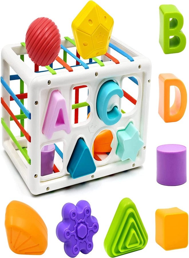 Lefan Baby Shape Sorting Toy Montessori Sensory Toys with Blocks Colorful Cube and Alphabets, Shape Sorting Toy with Elastic Bands Fine Motor Skill Toy, Preschool Learning Toys (RECTANGLE-14+1) - Image 4
