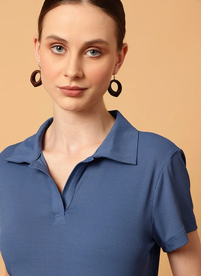 MINT STREET Slim Fit Polo Collar T-Shirt for Women in Blue