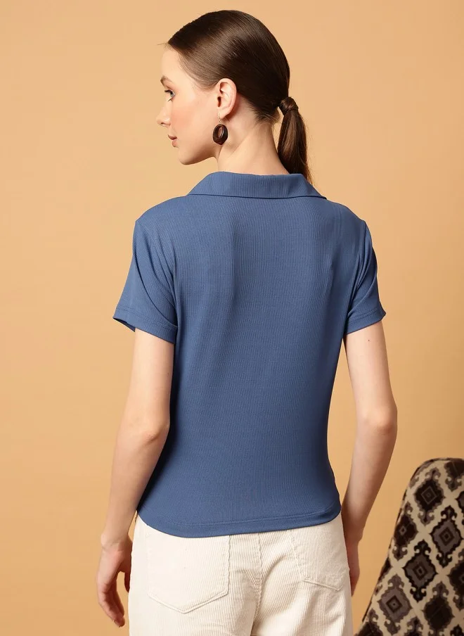 MINT STREET Slim Fit Polo Collar T-Shirt for Women in Blue
