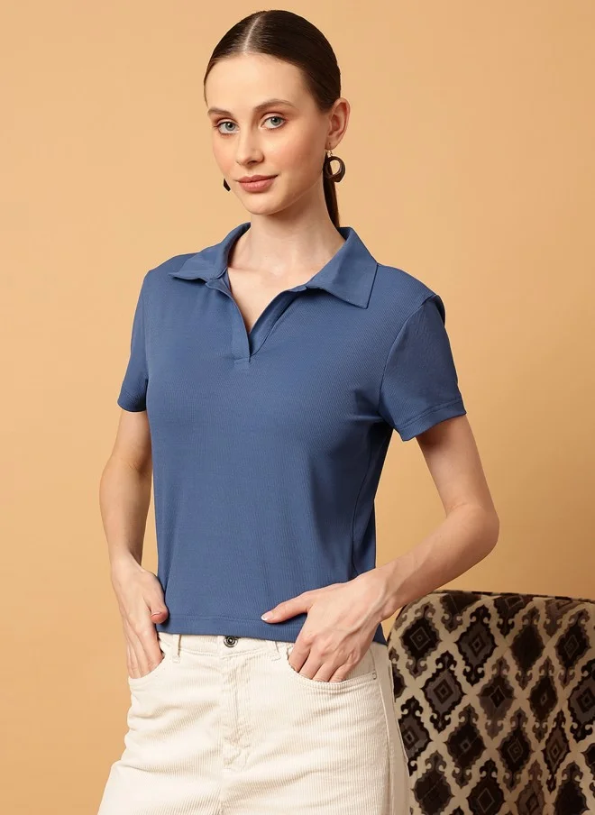 MINT STREET Slim Fit Polo Collar T-Shirt for Women in Blue