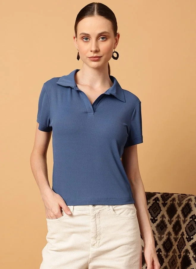 MINT STREET Slim Fit Polo Collar T-Shirt for Women in Blue