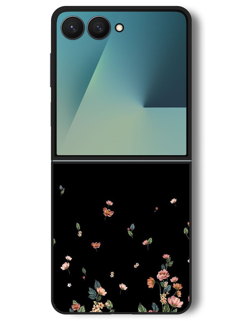 Theodor Case Compatible with Samsung Galaxy Z Flip 7 - 6.9 Inch Protection Shockproof Bumper Cover Flowers in Black Background - Image 1