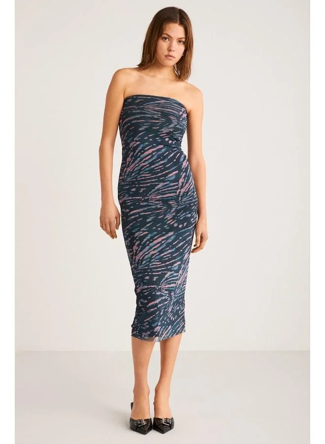 Ethiquet APOLLINE Women's Chiffon Midi Length Shoulder-Open Navy - Pink Dress.