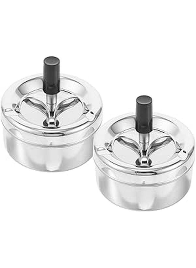 2pcs Silver Metal Ashtray with Push Down Spinning Tray Portable Smokeless for Indoor Outdoor Use - Image 1