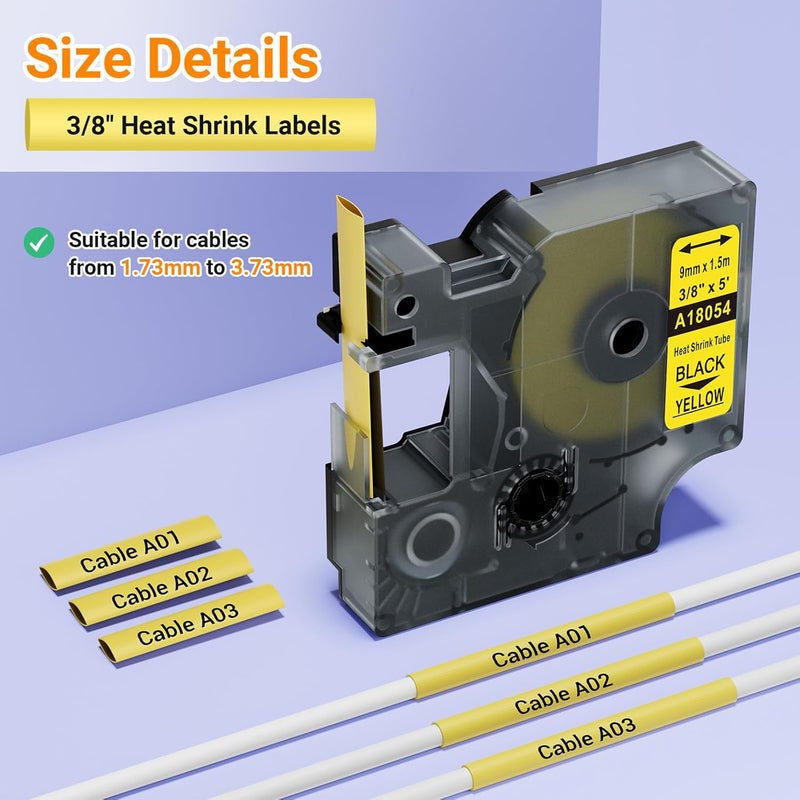 AONOMI Compatible with DYMO 18054 Rhino Heat Shrink Tube 3/8'' Yellow Use with DYMO Rhino 5200 4200 5000 6000 Industrial Label Maker (Black on Yellow, 3/8" x 4.9')，3-Pack - Image 3