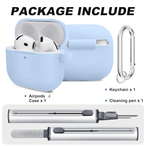 Woyinger for Airpods 4th Case Cover, Come with Cleaner Kit,Soft Skin Silicone Case Cover with Keychain, Full Protective Case for Men and Women, Compatible with AirPods 4th Generation Case,Sky Blue - Image 2
