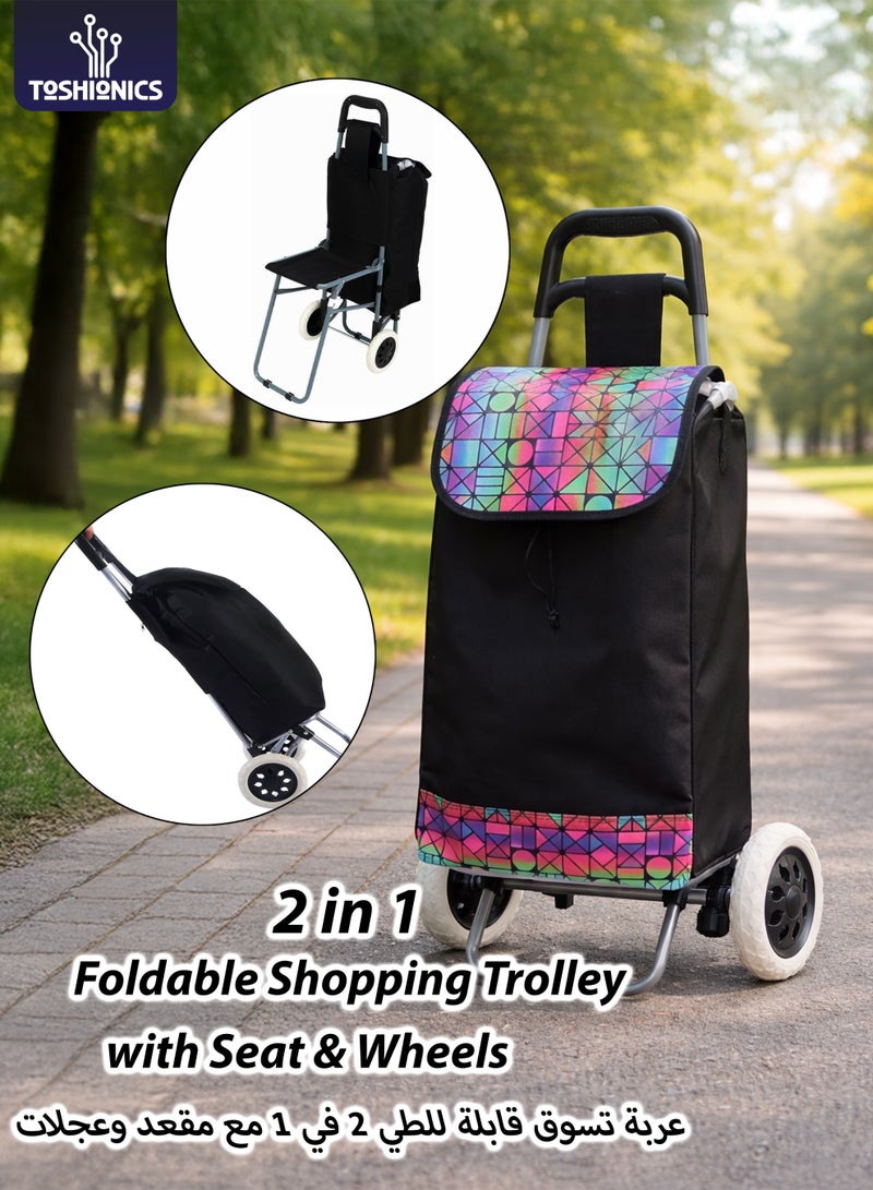 Toshionics Foldable Shopping Trolley Cart with Seat & Wheels | Grocery Shopping Cart Bag with Chair | Heavy Duty Utility Market Trolley | 34L Polyester Storage Bag | 80KG Load Capacity | Model T114707 - Image 1