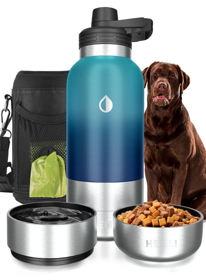 Hemli Dog Water Bottle Insulated Dog Travel Water Bottle Stainless Steel Pet Water Bottle Dispenser Portable Food and Water Bowl for Dogs with Carrying Case for Walking Dog Travel Kit… (Green Blue, 32 oz) - Image 1
