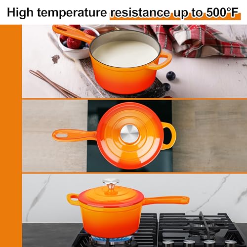 Leonyo Enameled Cast Iron Sauce Pan with Lid, Leonyo 1 Quart Saucepan with Lid, Small Cast Iron Dutch Oven Kitchen Cookware Pot for All Cooktops Making Pasta, Soup, Milk - Up to 500°F & 4.4Lbs, Orange - Image 4