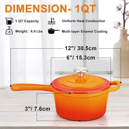Leonyo Enameled Cast Iron Sauce Pan with Lid, Leonyo 1 Quart Saucepan with Lid, Small Cast Iron Dutch Oven Kitchen Cookware Pot for All Cooktops Making Pasta, Soup, Milk - Up to 500°F & 4.4Lbs, Orange - Image 2