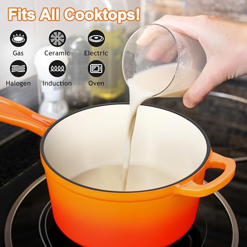 Leonyo Enameled Cast Iron Sauce Pan with Lid, Leonyo 1 Quart Saucepan with Lid, Small Cast Iron Dutch Oven Kitchen Cookware Pot for All Cooktops Making Pasta, Soup, Milk - Up to 500°F & 4.4Lbs, Orange - Image 5
