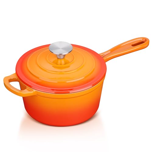 Leonyo Enameled Cast Iron Sauce Pan with Lid, Leonyo 1 Quart Saucepan with Lid, Small Cast Iron Dutch Oven Kitchen Cookware Pot for All Cooktops Making Pasta, Soup, Milk - Up to 500°F & 4.4Lbs, Orange - Image 1