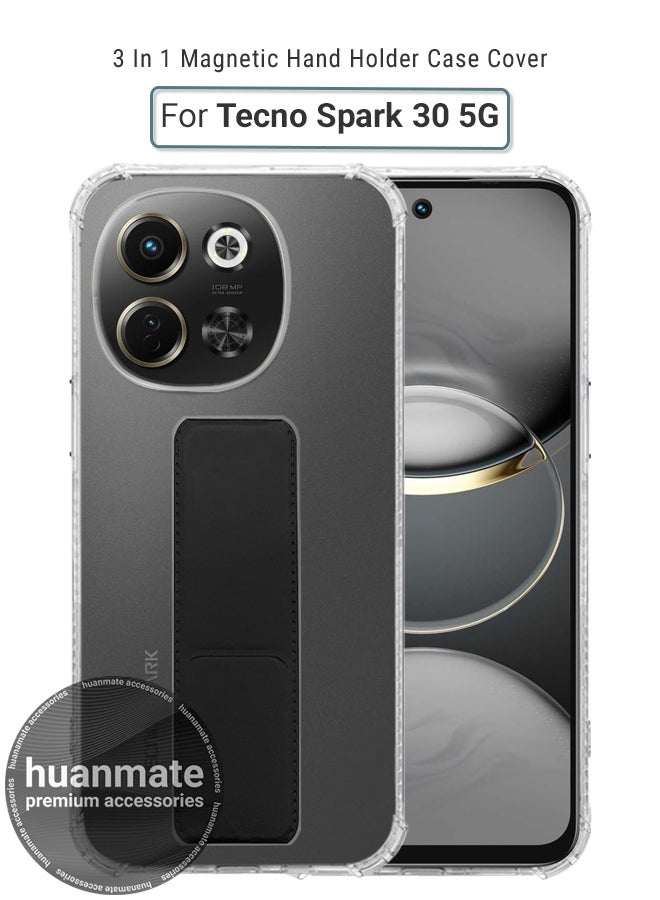 huanmate Tecno Spark 30 5G Magnetic Case With Hand Grip Holder & Kickstand - Strong Grip for Magnetic Car Holder, Stylish & Functional, Ultimate Convenience & Hands-Free Viewing - Clear/Black - Image 1