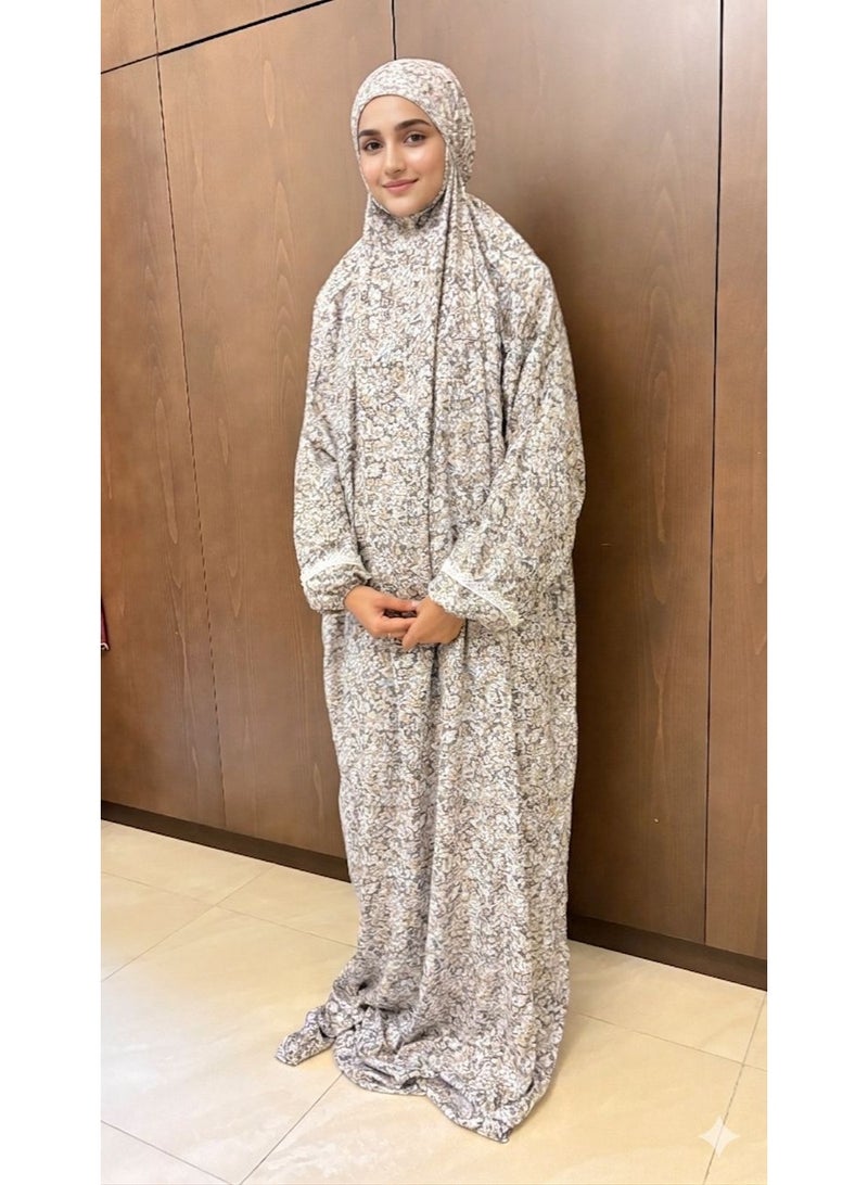 فستان صلاة نسائي إسلامي قطعة واحدة من قماش قطني فاخر مع طرحة متصلة – خفيف ومريح