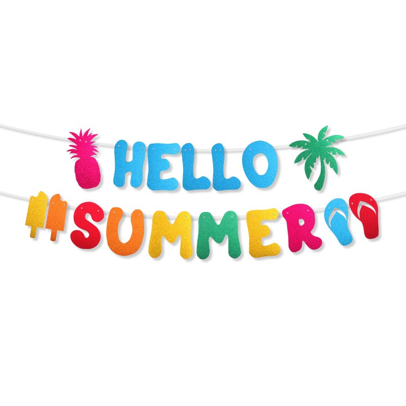 XIHIRCD Hello Summer Banner, Glitter Summer Banner Pre-Assembled Colorful Summer Party Decorations Pineapple Coconut Summer Party Home Decoration for Home Office Garden Decoration - Image 1