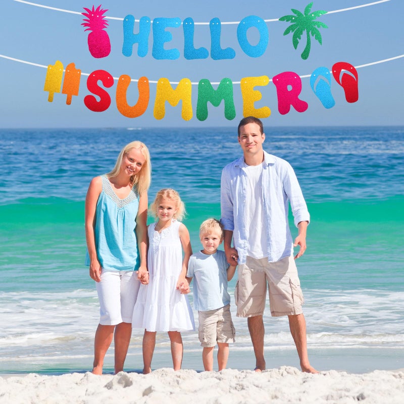 XIHIRCD Hello Summer Banner, Glitter Summer Banner Pre-Assembled Colorful Summer Party Decorations Pineapple Coconut Summer Party Home Decoration for Home Office Garden Decoration - Image 4