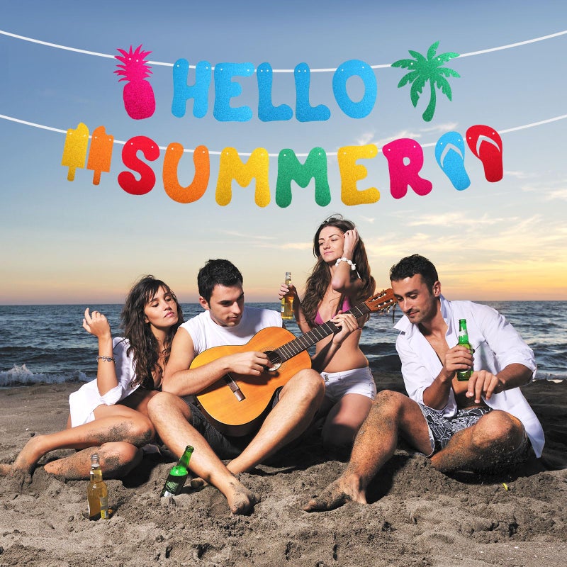 XIHIRCD Hello Summer Banner, Glitter Summer Banner Pre-Assembled Colorful Summer Party Decorations Pineapple Coconut Summer Party Home Decoration for Home Office Garden Decoration - Image 5