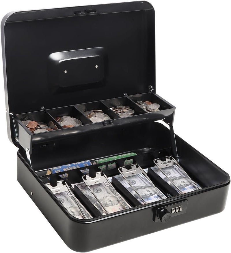 GOBBLER Cash box with Number Combination Lock & 2 Level Money Tray, Metal Money Box Large Size: 30 * 24 * 9cm (GC-3025) - Black - Image 1