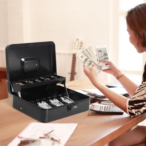 GOBBLER Cash box with Number Combination Lock & 2 Level Money Tray, Metal Money Box Large Size: 30 * 24 * 9cm (GC-3025) - Black - Image 5