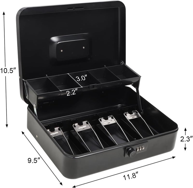 GOBBLER Cash box with Number Combination Lock & 2 Level Money Tray, Metal Money Box Large Size: 30 * 24 * 9cm (GC-3025) - Black - Image 2