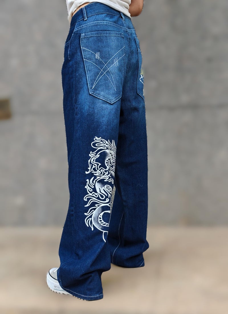 OATSBAS Unisex Y2K Hip-Hop Gothic Jeans Casual Baggy Oversize Streetwear Gragon Print Letter Graphic Retro Denim Pants (Blue,Medium) - Image 4