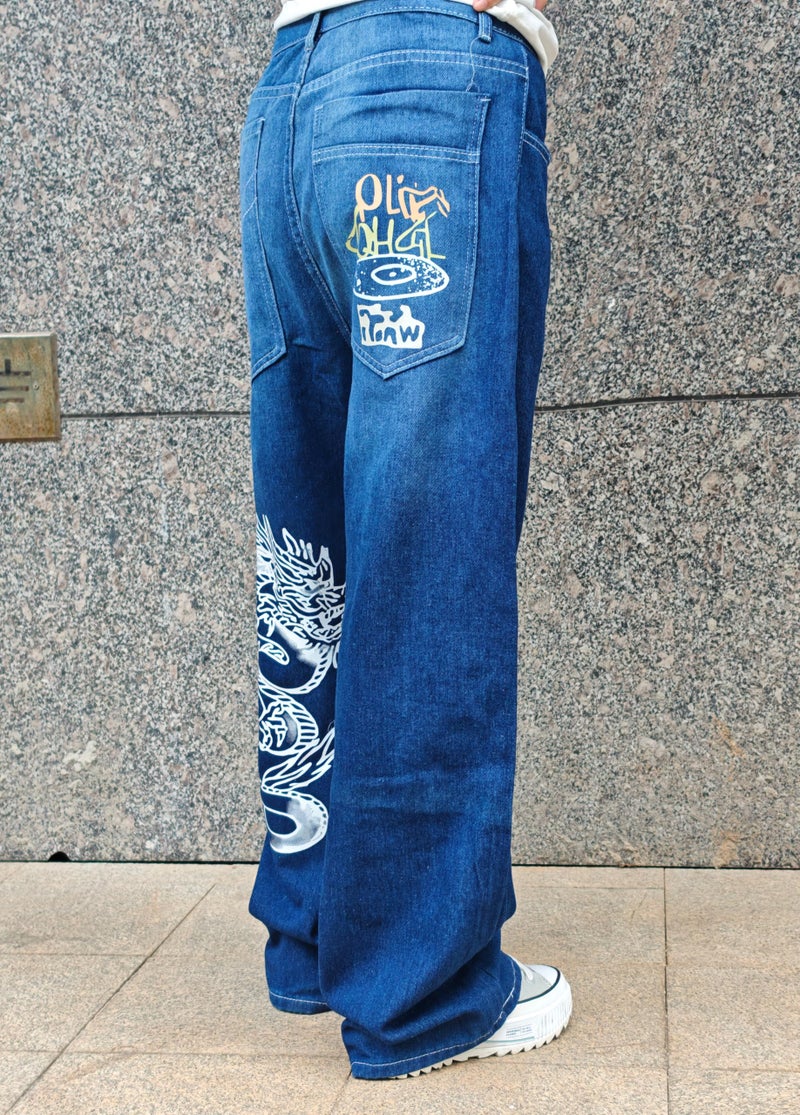 OATSBAS Unisex Y2K Hip-Hop Gothic Jeans Casual Baggy Oversize Streetwear Gragon Print Letter Graphic Retro Denim Pants (Blue,Medium) - Image 3