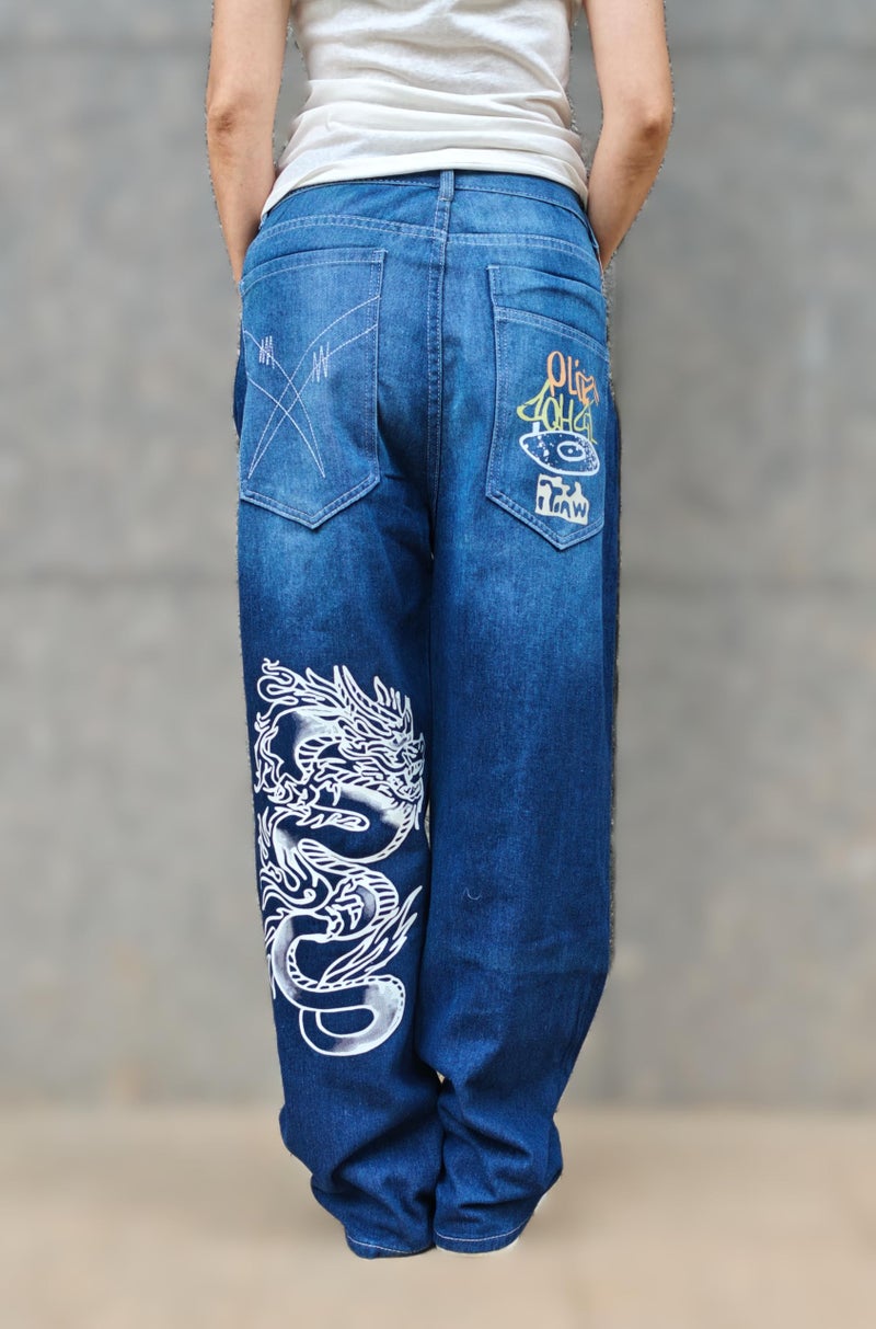 OATSBAS Unisex Y2K Hip-Hop Gothic Jeans Casual Baggy Oversize Streetwear Gragon Print Letter Graphic Retro Denim Pants (Blue,Medium) - Image 1