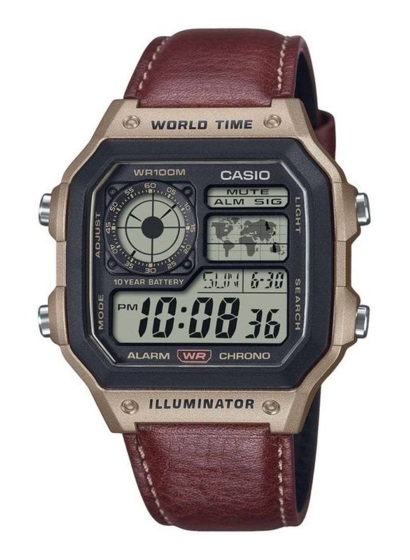 CASIO ساعة يد للرجال بتوقيت عالمي رقمي قياسي بحزام جلد بني كواتز AE-1200WHL-5AV - Image 1
