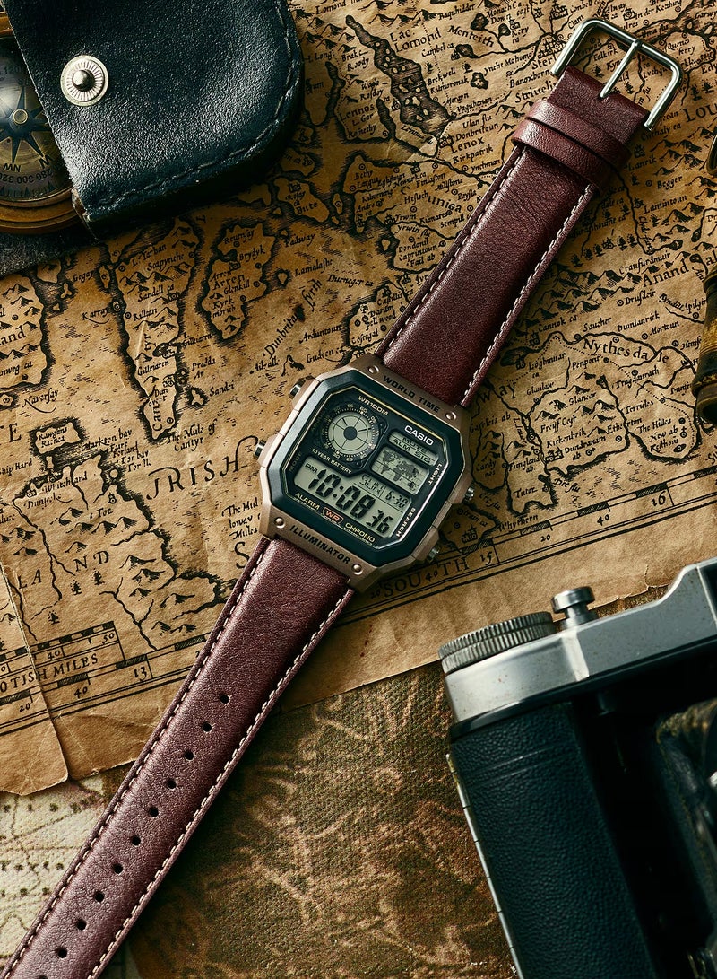 CASIO ساعة يد للرجال بتوقيت عالمي رقمي قياسي بحزام جلد بني كواتز AE-1200WHL-5AV - Image 2