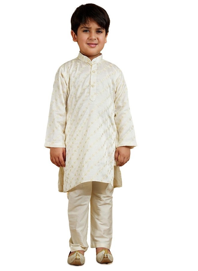 AJ DEZINES Kids Silk Blend Full Sleeve Embroidery White Kurta Pajama Set for Boys - Ethnic wear|Special Occasion & Festive Outfit|Mandarin Collar Kurta Pyjama for Boys - Regular Fit (1273-WHITE-8) - Image 1
