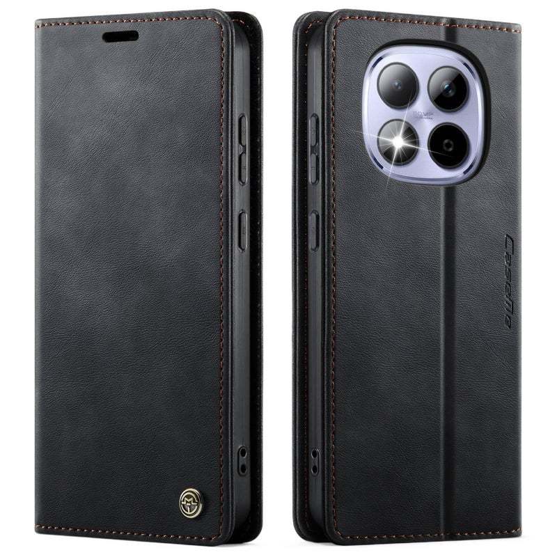غطاء واقي، مقاوم للصدمات لـ Redmi Note 15، أسود ملمس جلد، حامل قائم بوظيفة حامل باللون الأسود باللون الأحمر - Image 1