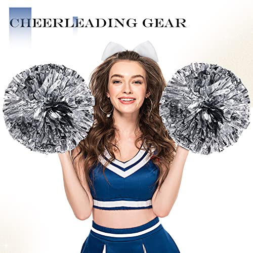 Canlierr 4 Pcs Cheerleading Pom Poms with Baton Handle and Cheerleader Hair Bows, 14 Inch Metallic Cheer Supplies for School Team Spirit Sports Dance Cheering(Silver, White) - Image 5