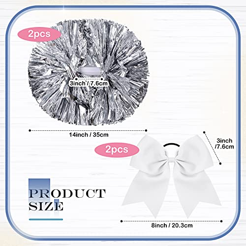 Canlierr 4 Pcs Cheerleading Pom Poms with Baton Handle and Cheerleader Hair Bows, 14 Inch Metallic Cheer Supplies for School Team Spirit Sports Dance Cheering(Silver, White) - Image 2