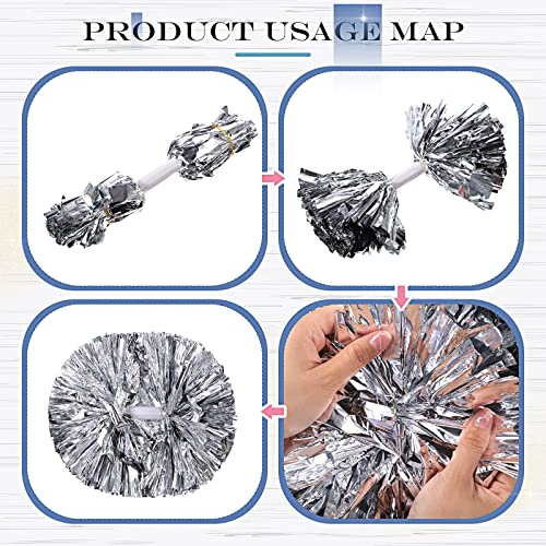 Canlierr 4 Pcs Cheerleading Pom Poms with Baton Handle and Cheerleader Hair Bows, 14 Inch Metallic Cheer Supplies for School Team Spirit Sports Dance Cheering(Silver, White) - Image 3