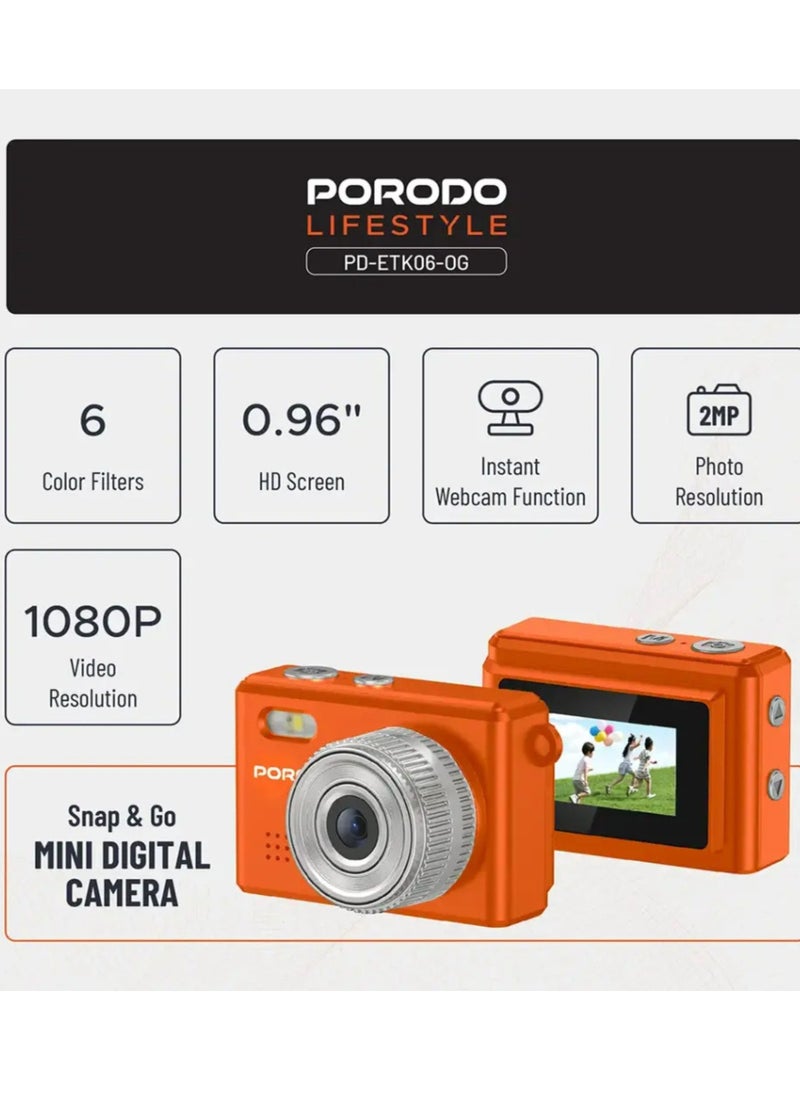 porodo Lifestyle Snap & Go Mini Digital Camera 2MP / Full HD Camera Video Resolution / Portable Camera with Lightweight / 6 Color Filters / Instant Webcam Function / AVI and JPG Format - Orange  - Image 3
