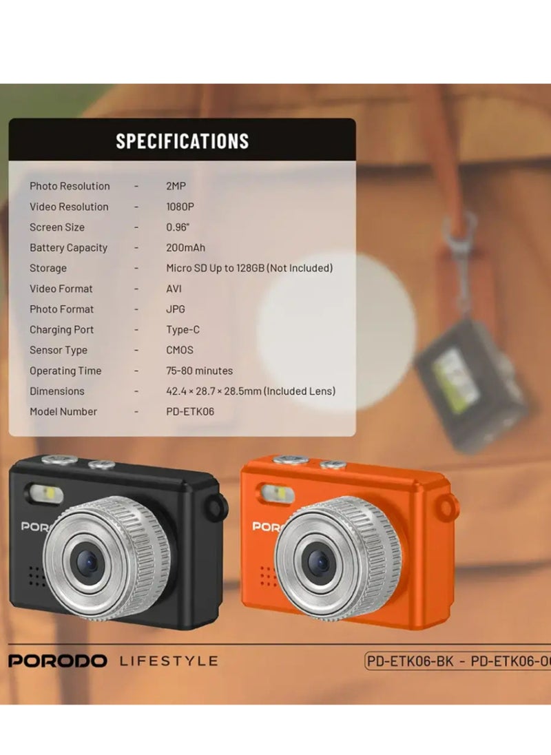 porodo Lifestyle Snap & Go Mini Digital Camera 2MP / Full HD Camera Video Resolution / Portable Camera with Lightweight / 6 Color Filters / Instant Webcam Function / AVI and JPG Format - Orange  - Image 2