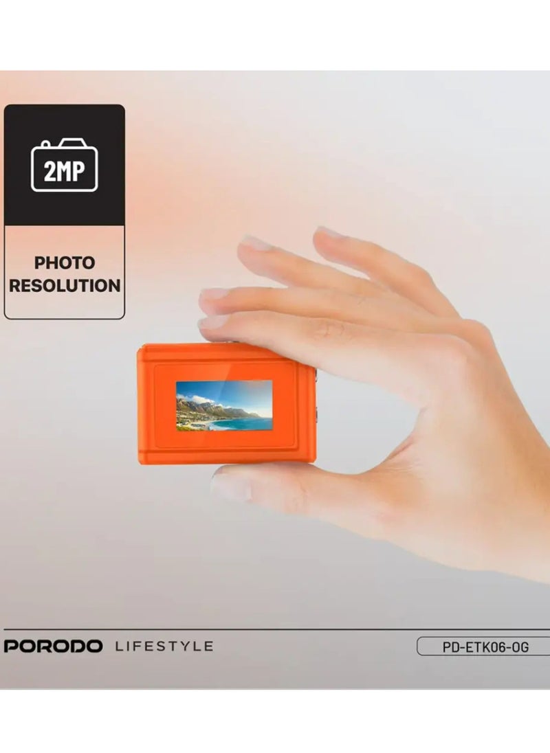 porodo Lifestyle Snap & Go Mini Digital Camera 2MP / Full HD Camera Video Resolution / Portable Camera with Lightweight / 6 Color Filters / Instant Webcam Function / AVI and JPG Format - Orange  - Image 5