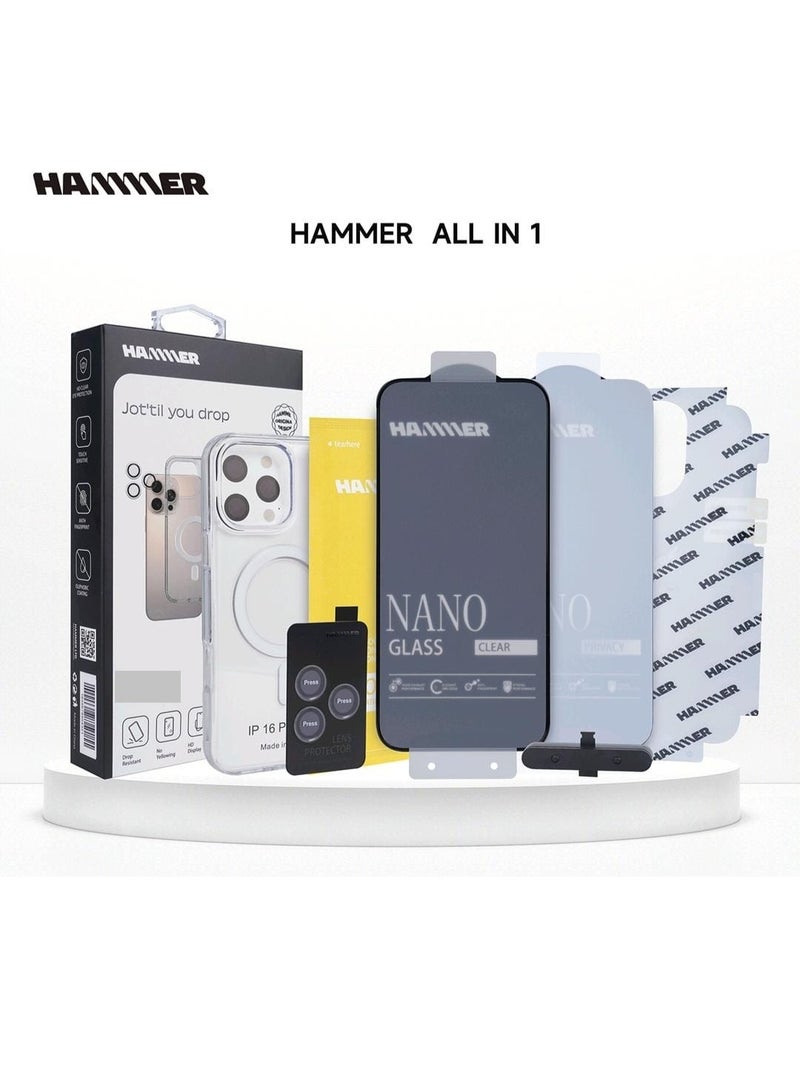 Hammer package complete iPhone 15 Pro Max comes with 2 transparent front protectors, a cover, and a slim crystal case that is anti-yellowing, drop-resistant, and has full lens protection and is scratch-resistant - Image 1