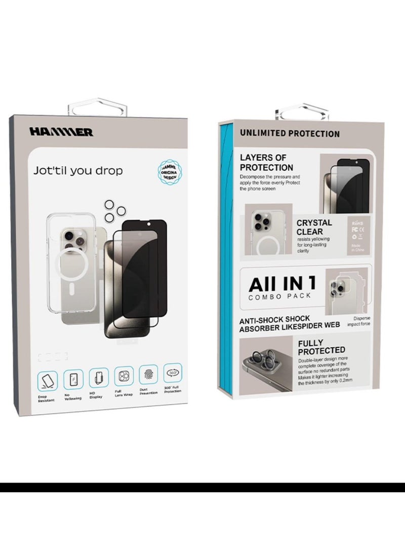 Hammer package complete iPhone 15 Pro Max comes with 2 transparent front protectors, a cover, and a slim crystal case that is anti-yellowing, drop-resistant, and has full lens protection and is scratch-resistant - Image 2