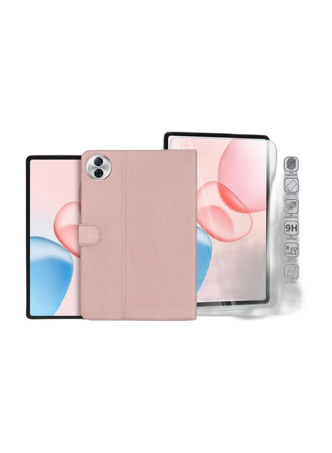 Wtech Honor Pad 10 5G 2025 (12.1 inches) PU Leather Magnetic Closure Flip Case Cover (TCFPSR) - Rose Gold & Honor Pad 10 5G 2025 (12.1 inches) WTech Premium Series Curved Edges Full Cover Tempered Glass Tablet Screen Protector (TSGPCN) - Clear Bundle - Image 1