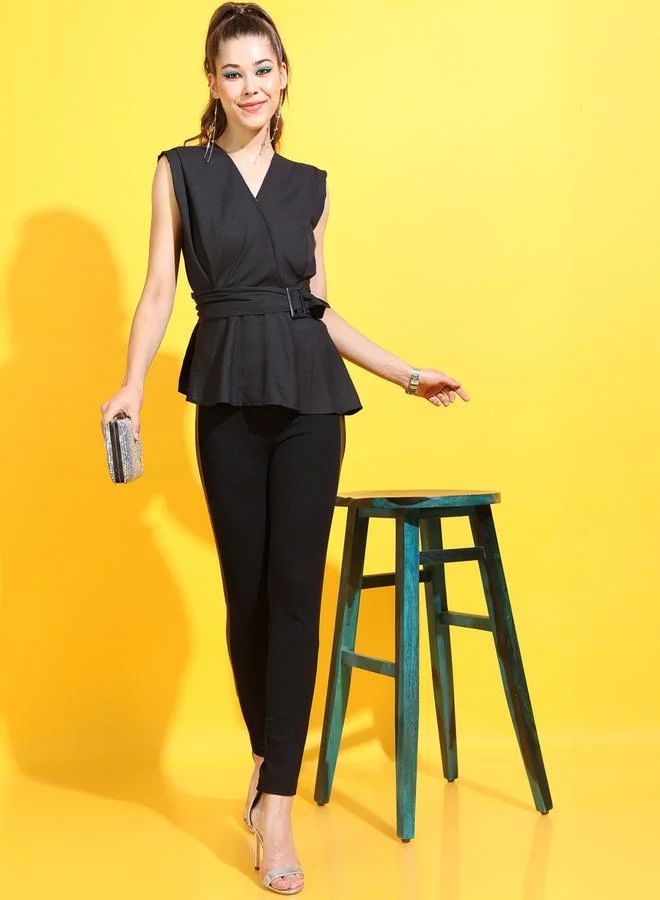Tokyo Talkies Solid V Neck Buckle Detail Sleeveless Top by Styli