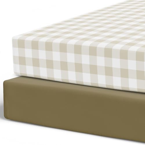 Pobibaby – 2 Pack Crib Sheets for Boys, Premium Fitted Baby Boy Crib Sheets for Standard Crib Mattress – Ultra-Soft Jersey Knit, Safe and Snug, Stylish Design (Gingham Khaki) - Image 1