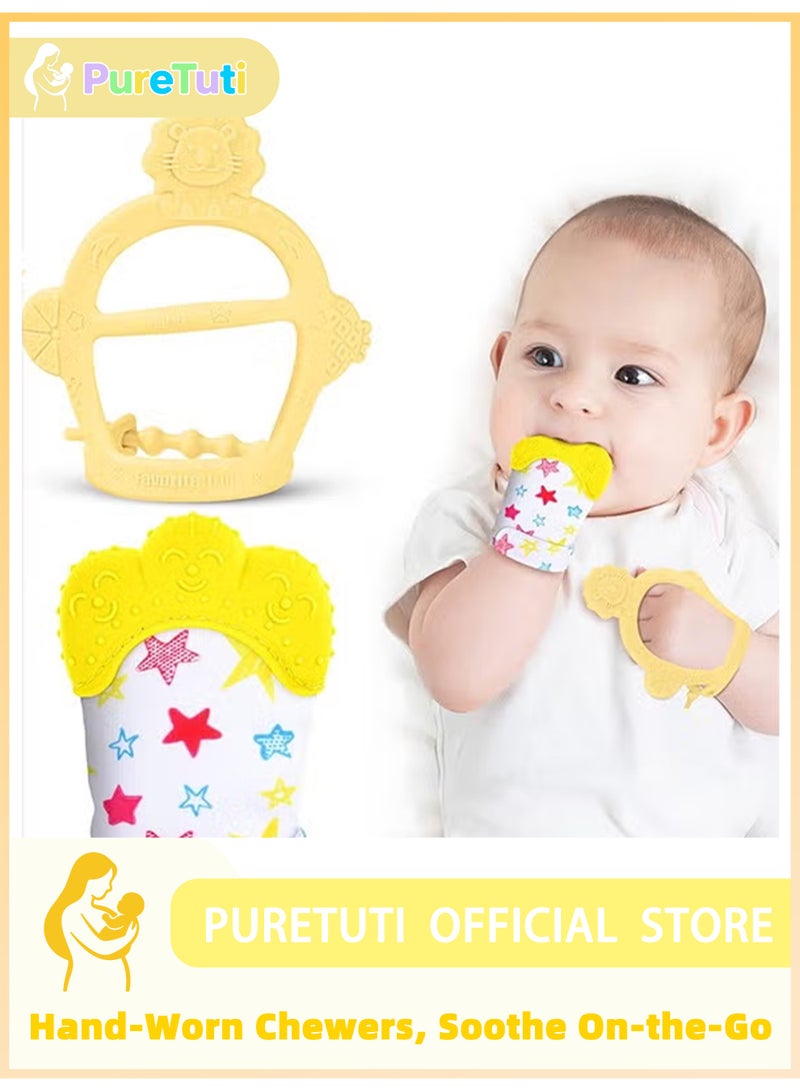 PureTuti Silicone Teething Mitt, 2Pcs Teething Mitten with Adjustable Strap, Crinkle Sound and Textured, Self Soothing Baby Chew Toys for 0-6month Infant(Yellow) - Image 1